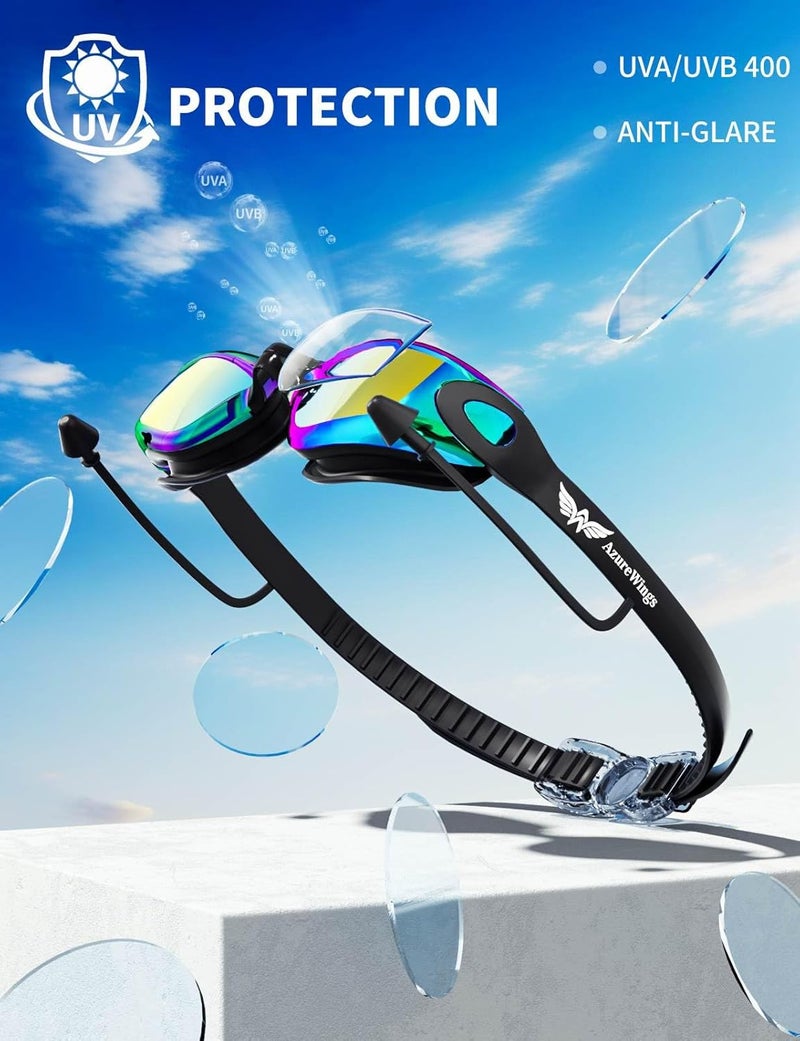 AzureWings 7 in 1 Swim Goggles + Swim Cap for Men Women,No Leak Anti-Fog & UV, Wide Visio HD Mirror PC Lens - Image 4